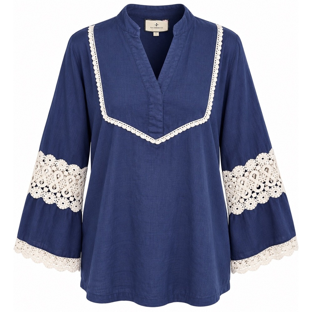 Tuckernuck Tunic Top L Blue Linen Lace Boho Coastal Resort Crochet Bell Sleeve